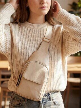 Vegan Leather Fashion Flap Sling Bag in Beige